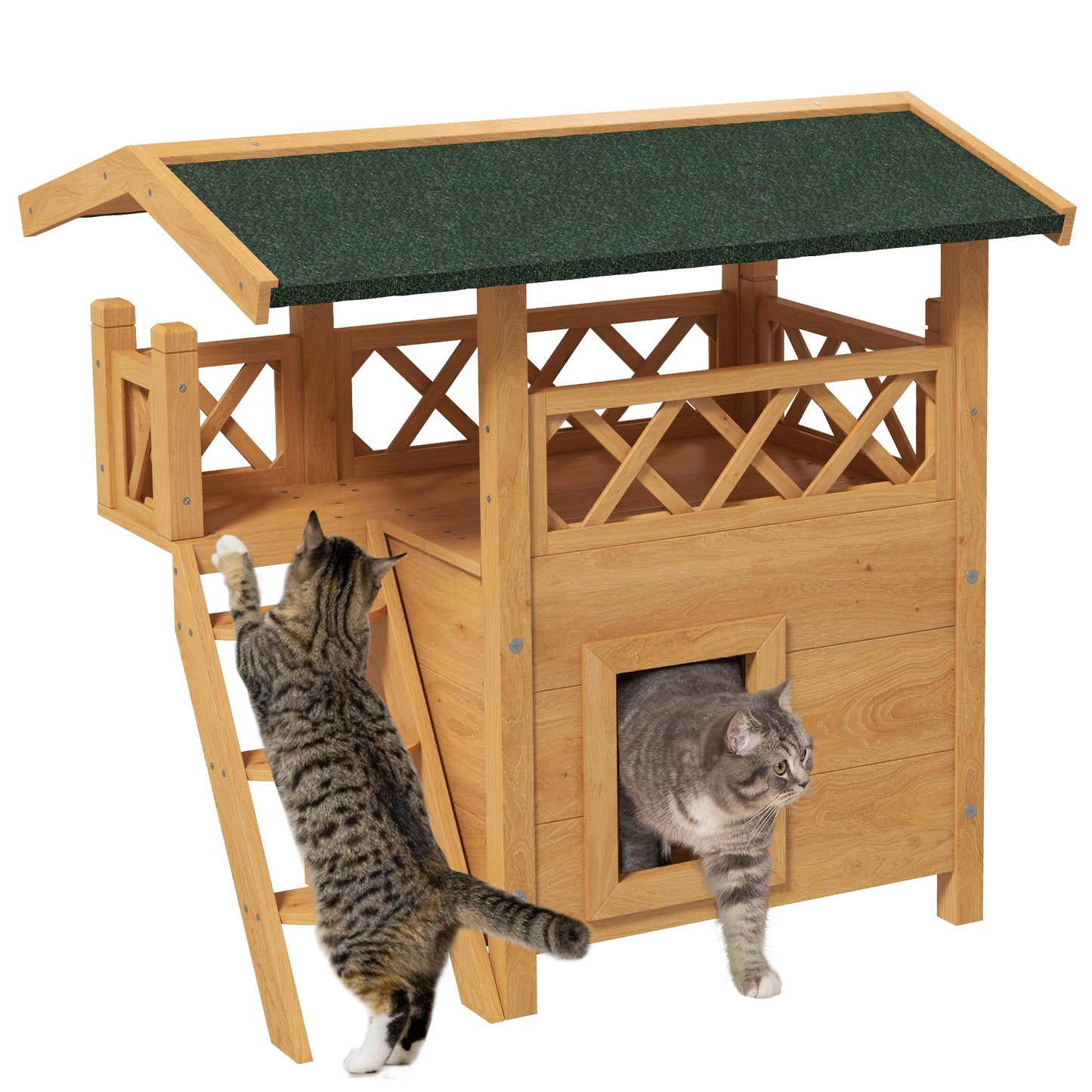 PawHut Casa para Gatos de Madera 77x50x73 cm Caseta para Gatos de 2 Niveles Refugio para Gatos con Techo Asfáltico Escalera y Balcón para Exterior Natural