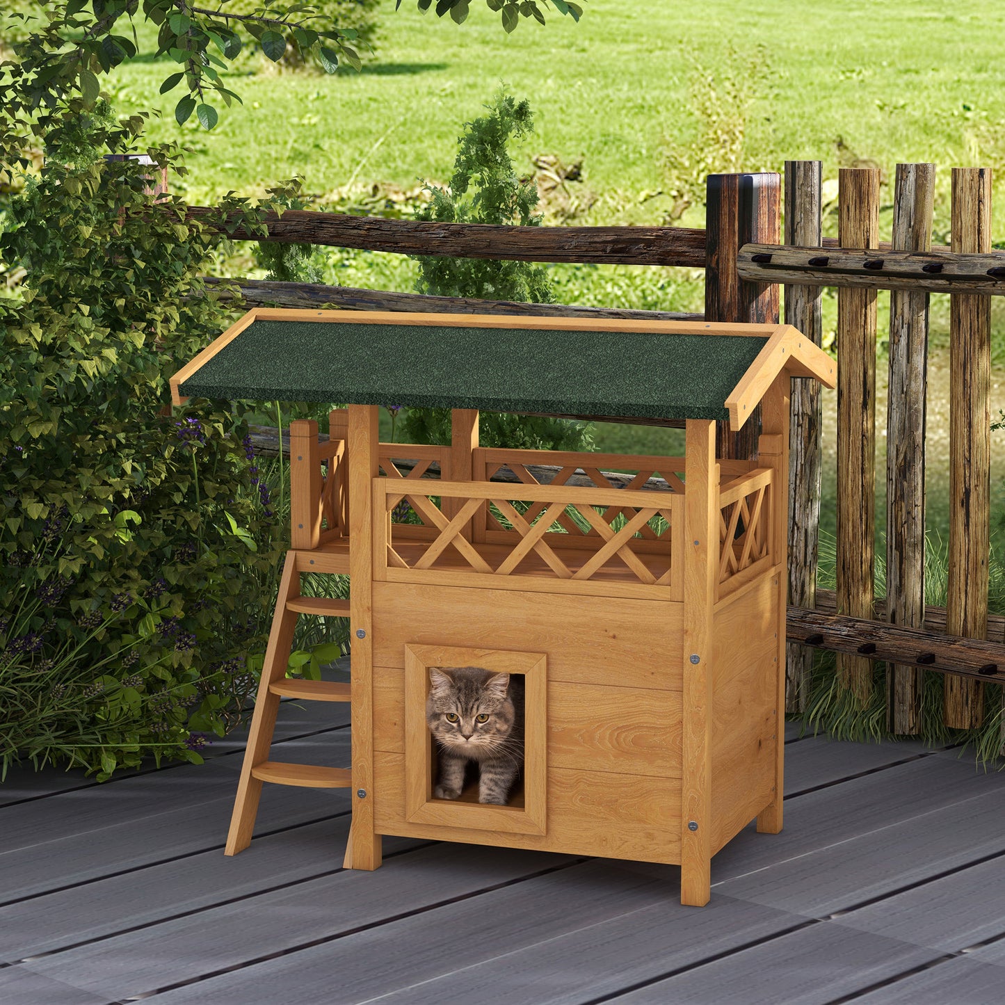 PawHut Casa para Gatos de Madera 77x50x73 cm Caseta para Gatos de 2 Niveles Refugio para Gatos con Techo Asfáltico Escalera y Balcón para Exterior Natural