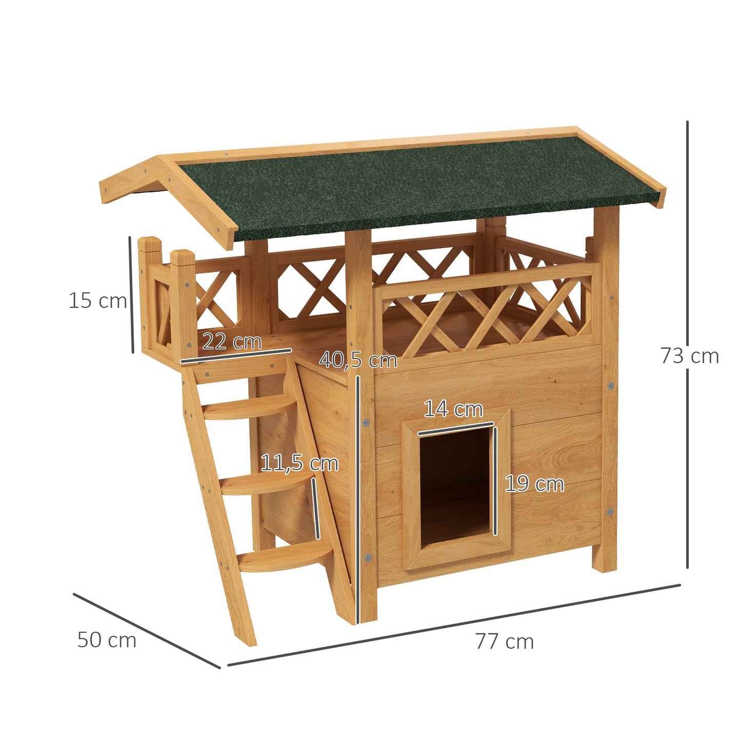 PawHut Casa para Gatos de Madera 77x50x73 cm Caseta para Gatos de 2 Niveles Refugio para Gatos con Techo Asfáltico Escalera y Balcón para Exterior Natural