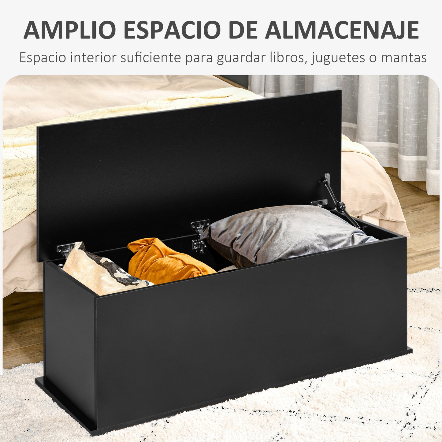 HOMCOM Baúl de Almacenamiento de Madera Arcón de Almacenamiento con Tapa Carga Máx. 60 kg para Dormitorio Salón 100x40x40 cm Negro