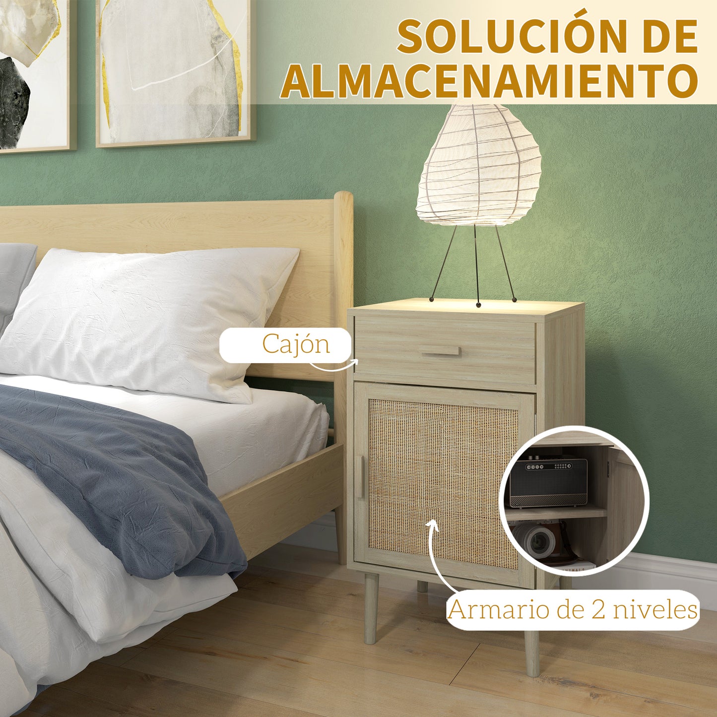 HOMCOM Juego de 2 Mesitas de Noche Mesillas de Noche Mesitas Auxiliares con Cajón de Ratán y Estante Ajustable para Dormitorio Salón 40x40x68,5 cm Roble