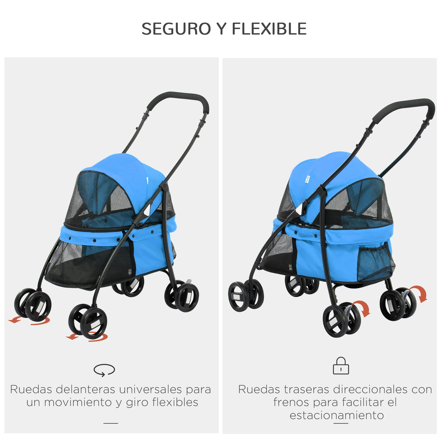 PawHut Carrito para Perros Plegable Cochecito para Mascotas Cochecito para Perros Pequeños con Ventanas de Malla Cojín Lavable Correas de Seguridad y Marco de Acero Azul