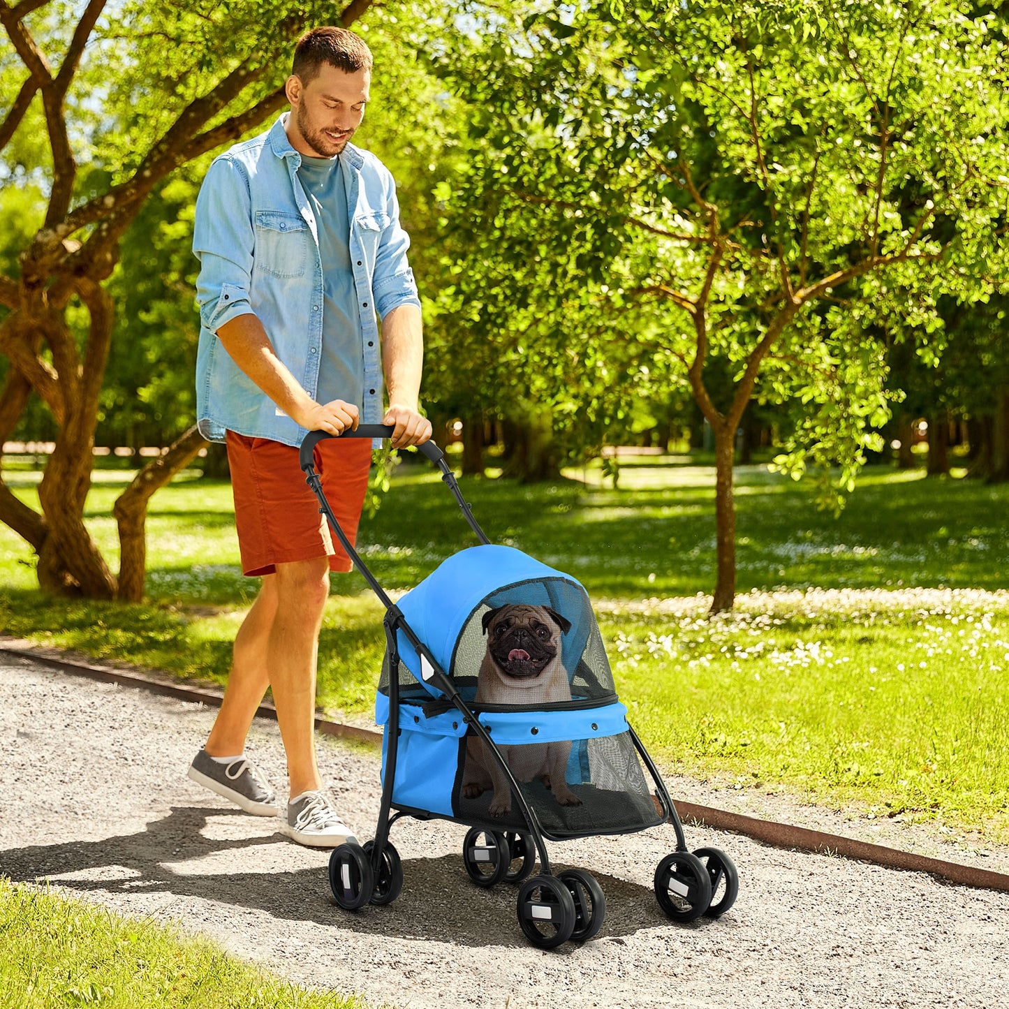 PawHut Carrito para Perros Plegable Cochecito para Mascotas Cochecito para Perros Pequeños con Ventanas de Malla Cojín Lavable Correas de Seguridad y Marco de Acero Azul