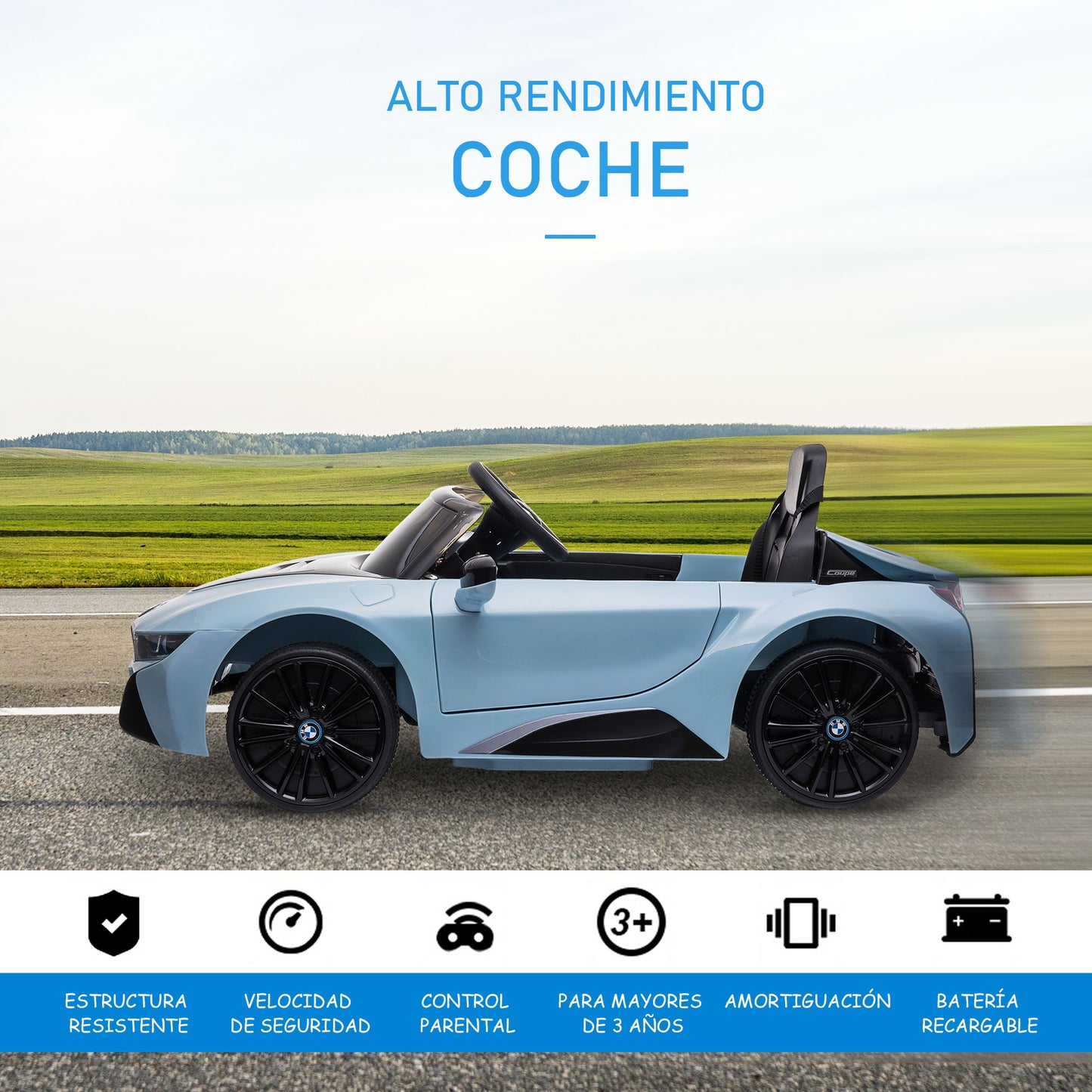 HOMCOM Coche Eléctrico BMW I8 COUPE con Licencia para Niños de +3 Años Batería 6V Control Remoto y Manual con Música MP3 Bocina y Faros 115x72,5x46 cm Azul