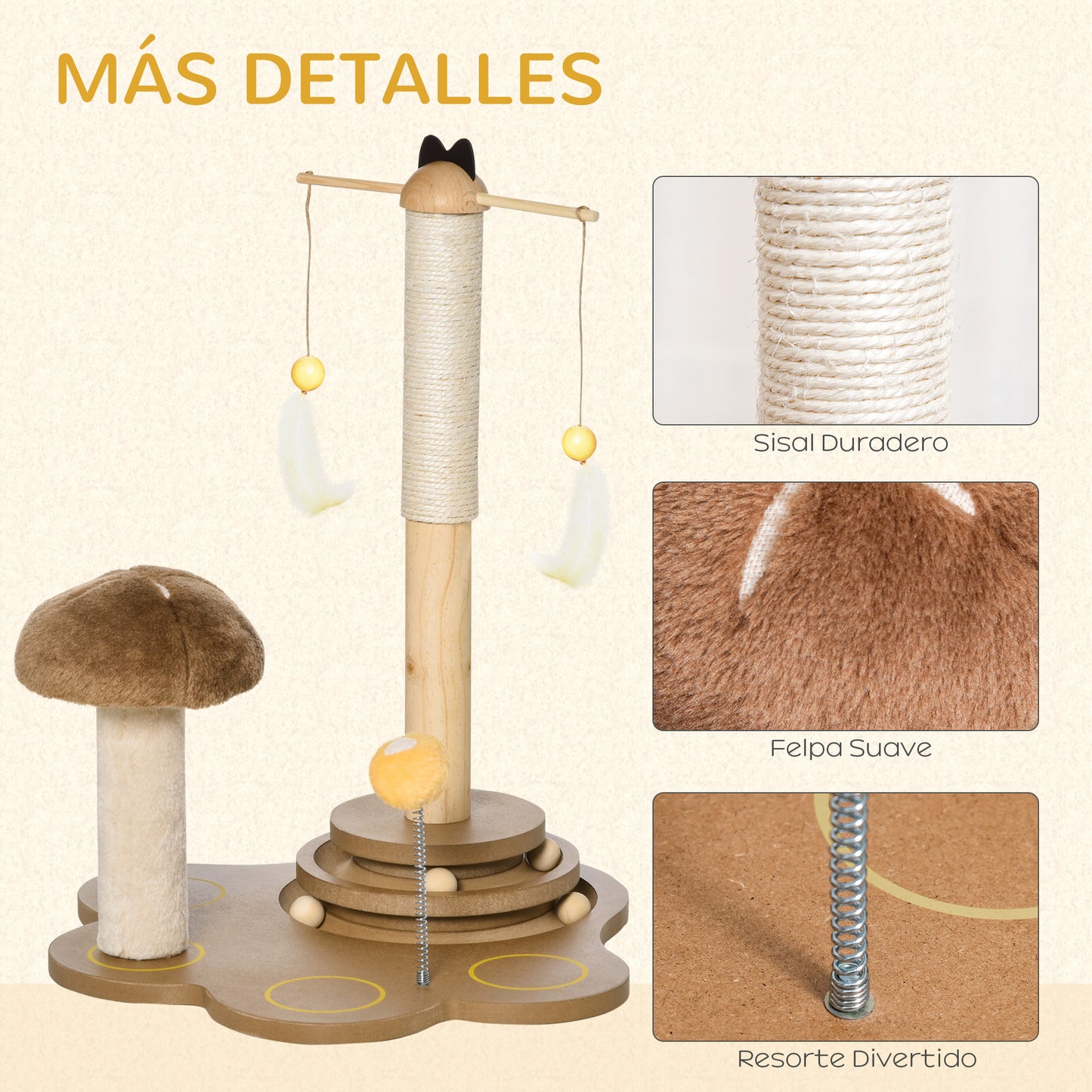 PawHut Rascador para Gatos con Postes de Sisal en Forma de Seta Juguete Colgante Plumas Pista de Bolas de Madera y Bola con Muelle Base Ancha 46x44x56,5 cm Marrón y Beige