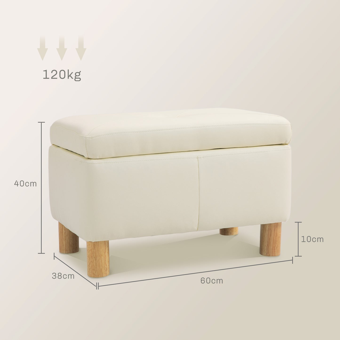 HOMCOM Baúl de Almacenaje para Dormitorio 33L Puff Almacenaje Tapizado en PU Banco de Almacenaje con Patas de Madera para Pasillo Salón 60x38x40 cm Crema