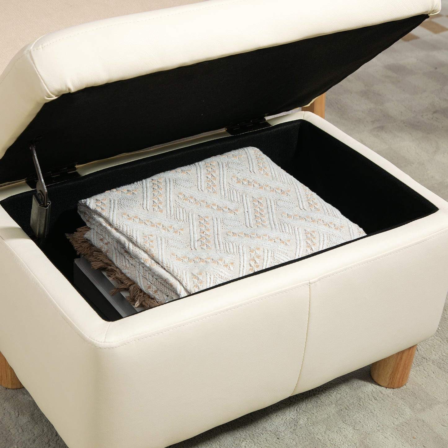 HOMCOM Baúl de Almacenaje para Dormitorio 33L Puff Almacenaje Tapizado en PU Banco de Almacenaje con Patas de Madera para Pasillo Salón 60x38x40 cm Crema