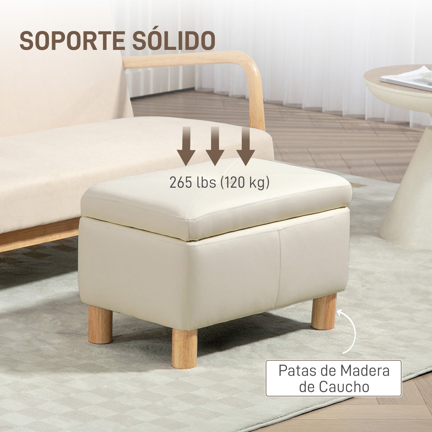 HOMCOM Baúl de Almacenaje para Dormitorio 33L Puff Almacenaje Tapizado en PU Banco de Almacenaje con Patas de Madera para Pasillo Salón 60x38x40 cm Crema