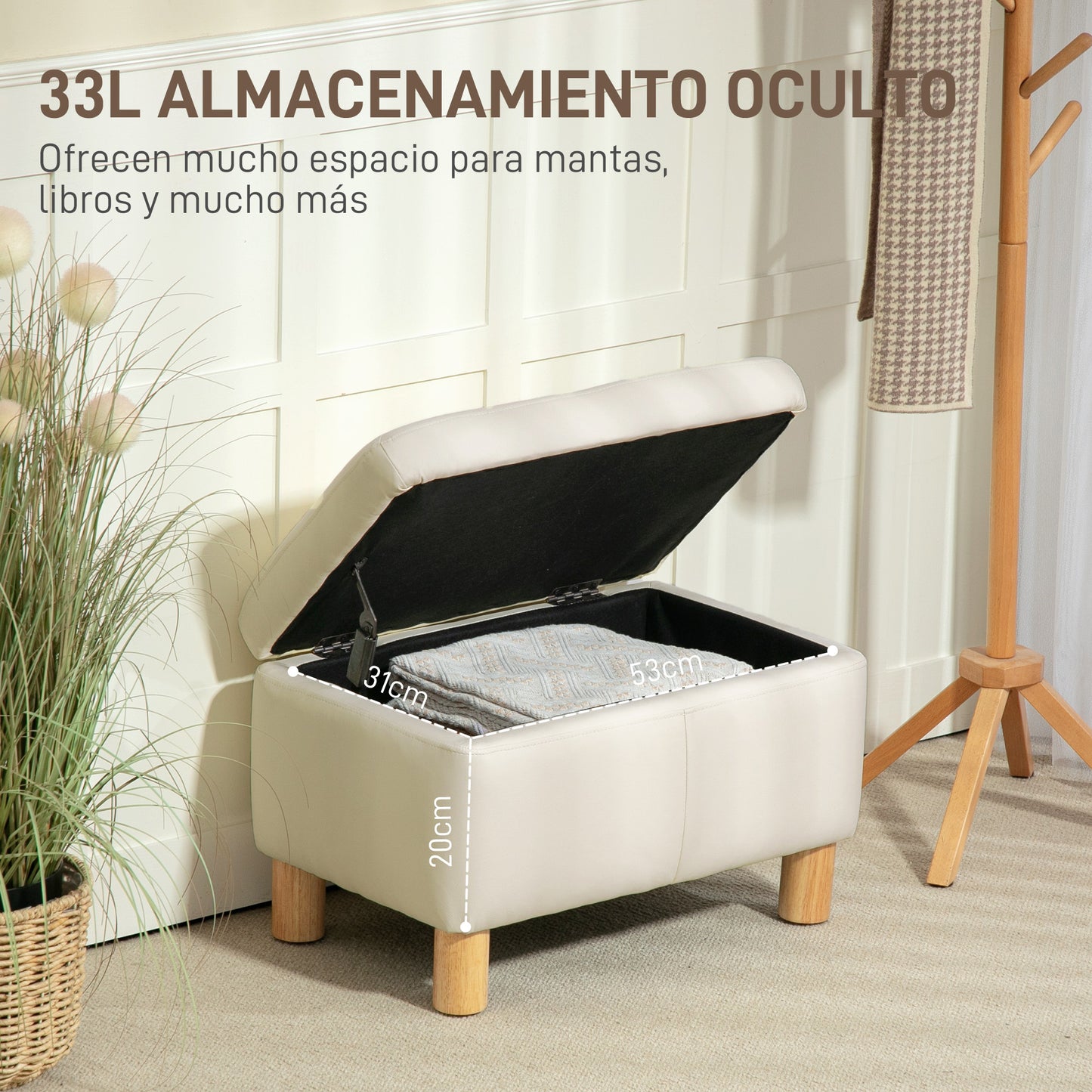 HOMCOM Baúl de Almacenaje para Dormitorio 33L Puff Almacenaje Tapizado en PU Banco de Almacenaje con Patas de Madera para Pasillo Salón 60x38x40 cm Crema