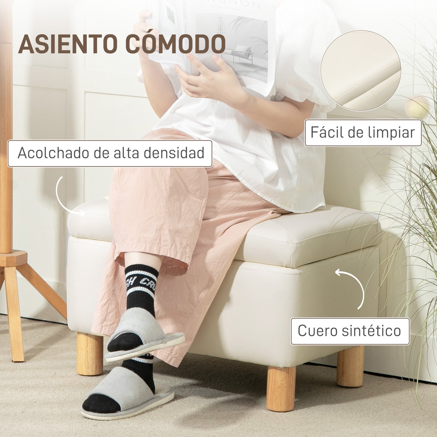 HOMCOM Baúl de Almacenaje para Dormitorio 33L Puff Almacenaje Tapizado en PU Banco de Almacenaje con Patas de Madera para Pasillo Salón 60x38x40 cm Crema