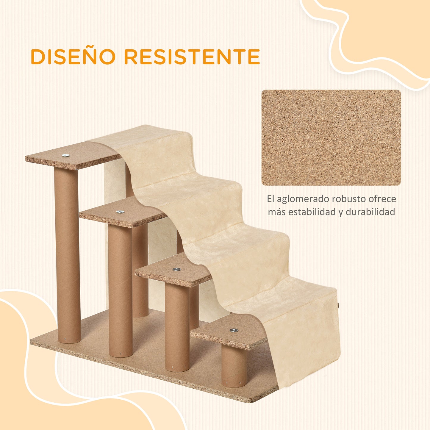 PawHut Escalera para Perros de 4 Peldaños Escalera para Mascotas con Funda Extraíble y Lavable para Cama Sofá 60x35x44 cm Beige