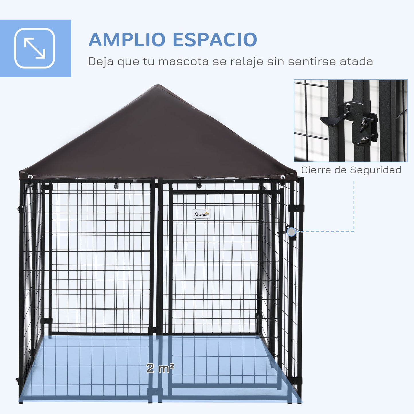 PawHut Perrera de Exterior con Techo 141x141x153 cm Corral para Perros de Jardín Parque para Mascotas con Malla de Metal y Puerta con Cerradura para Terraza Balcón Patio Negro