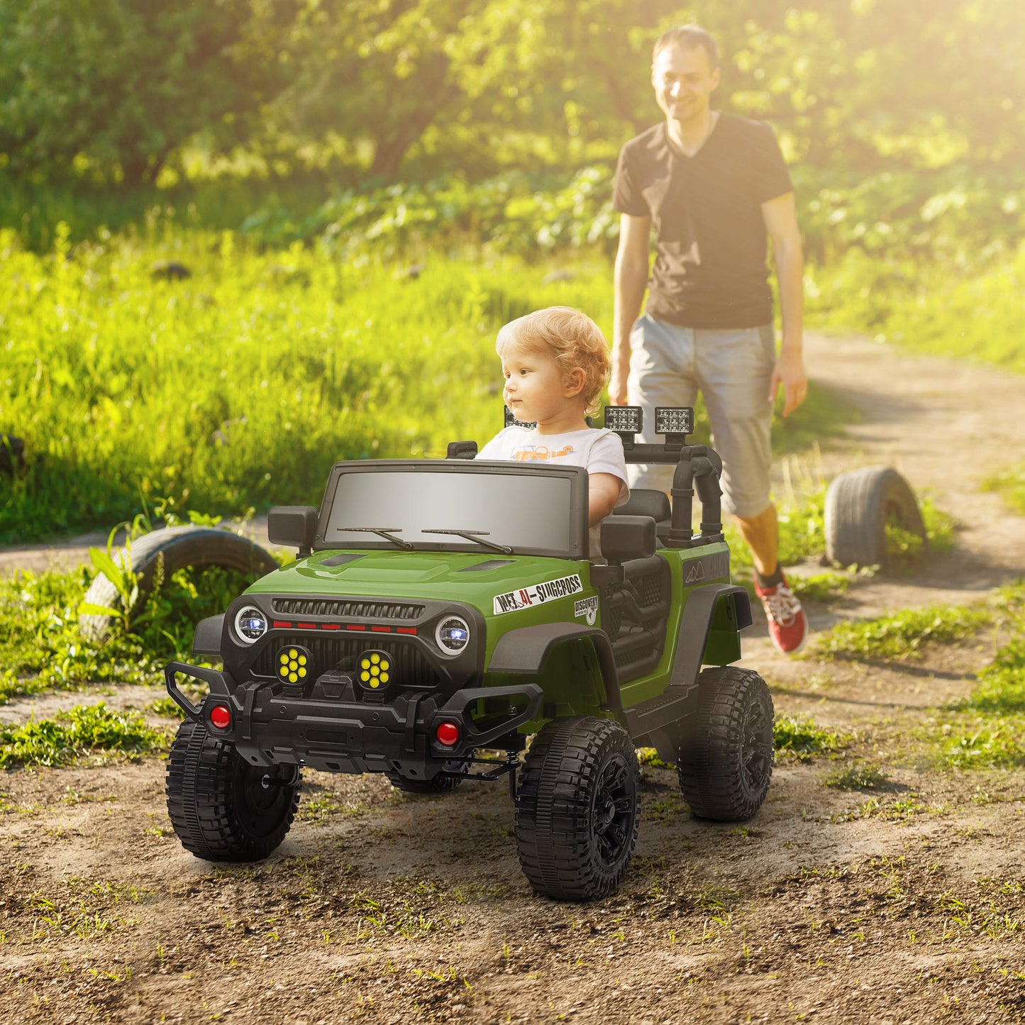 AIYAPLAY Coche Eléctrico para Niños de +3 Años Carro Eléctrico Infantil Todoterreno de Batería 12V con Mando a Distancia Bluetooth Faros LED Bocina Música Verde