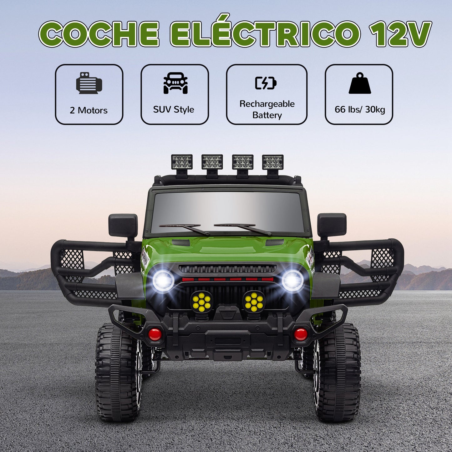 AIYAPLAY Coche Eléctrico para Niños de +3 Años Carro Eléctrico Infantil Todoterreno de Batería 12V con Mando a Distancia Bluetooth Faros LED Bocina Música Verde