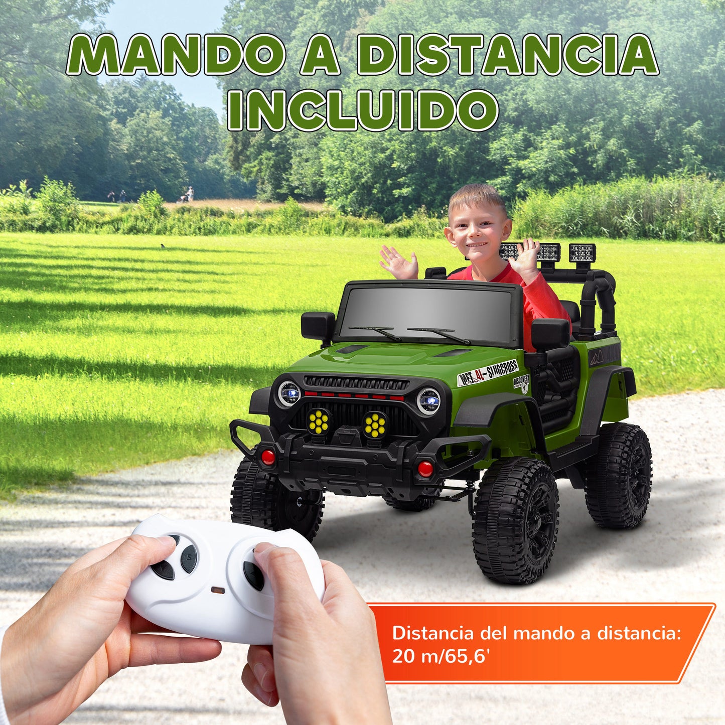 AIYAPLAY Coche Eléctrico para Niños de +3 Años Carro Eléctrico Infantil Todoterreno de Batería 12V con Mando a Distancia Bluetooth Faros LED Bocina Música Verde