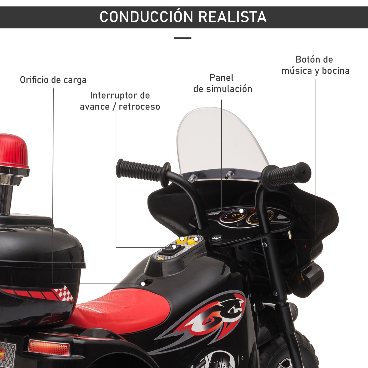 HOMCOM Moto Eléctrica para Niños de 18-36 Meses Moto de Batería 6V Motocicleta Infantil con 3 Ruedas Música Bocina Faros Baúl 80x35x52 cm Negro