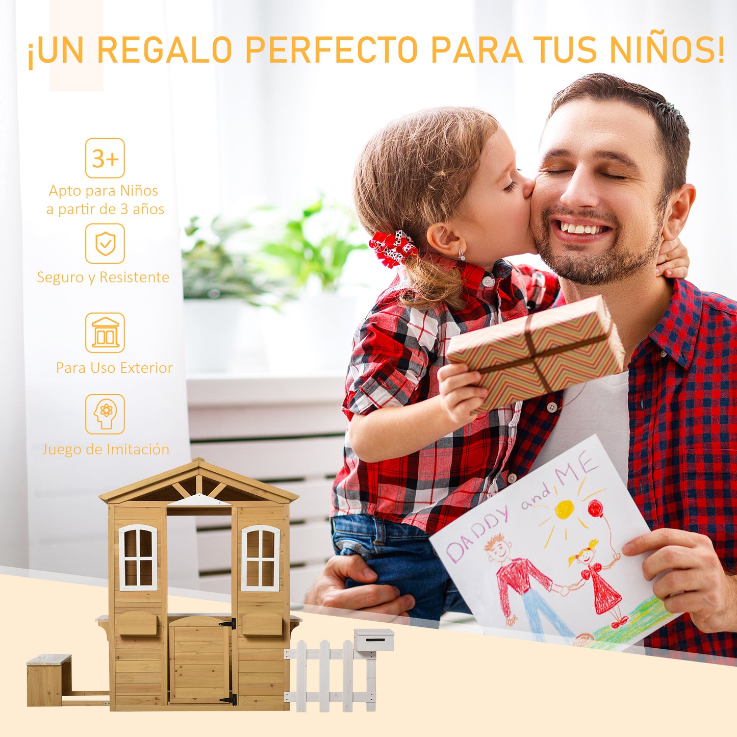 Outsunny Casita Infantil de Exterior a Partir de 3 Años Casa de Juegos de Madera con Buzón Banco 204x107x140 cm para Exterior Interior Color Madera Natural