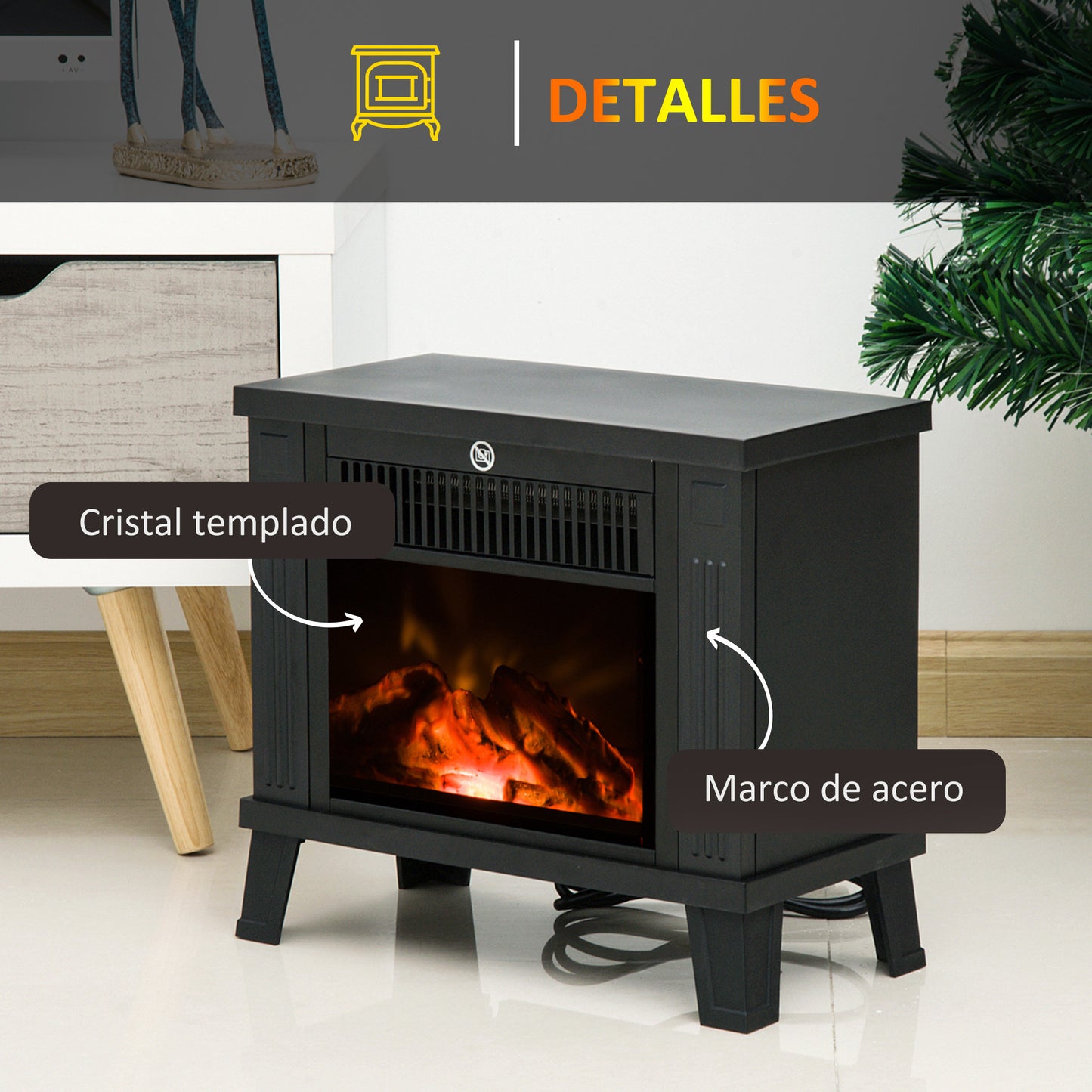 HOMCOM Chimenea Eléctrica Portátil 600/1200W Chimenea Decorativa con Efecto de Llama y Protección contra Sobrecalentamiento para Salas 13-18 m² 34x17x31 cm Negro