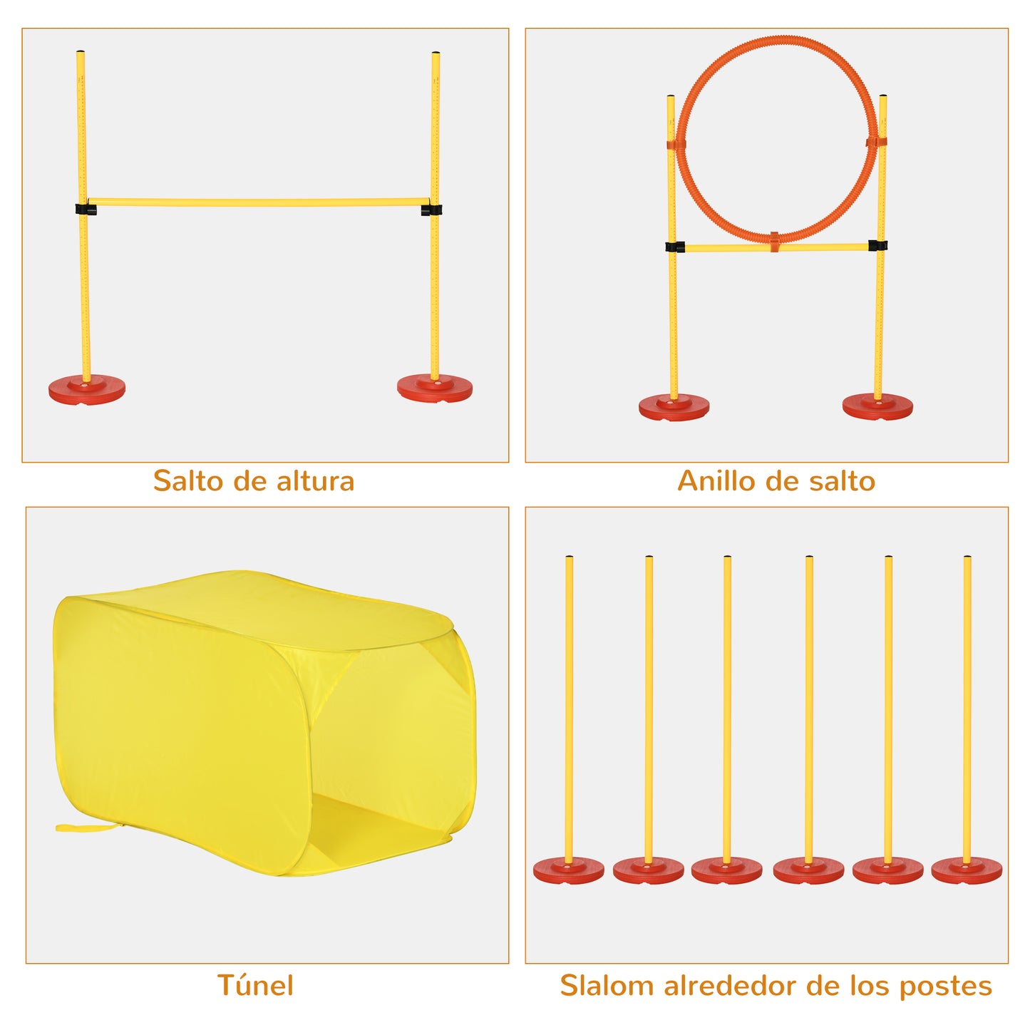 PawHut Conjunto 4 Obstáculos de Entrenamiento para Perro Set de Agilidad para Mascotas Estable Altura Ajustable de Aro con Túnel Postes y Bolsa Transporte Amarillo