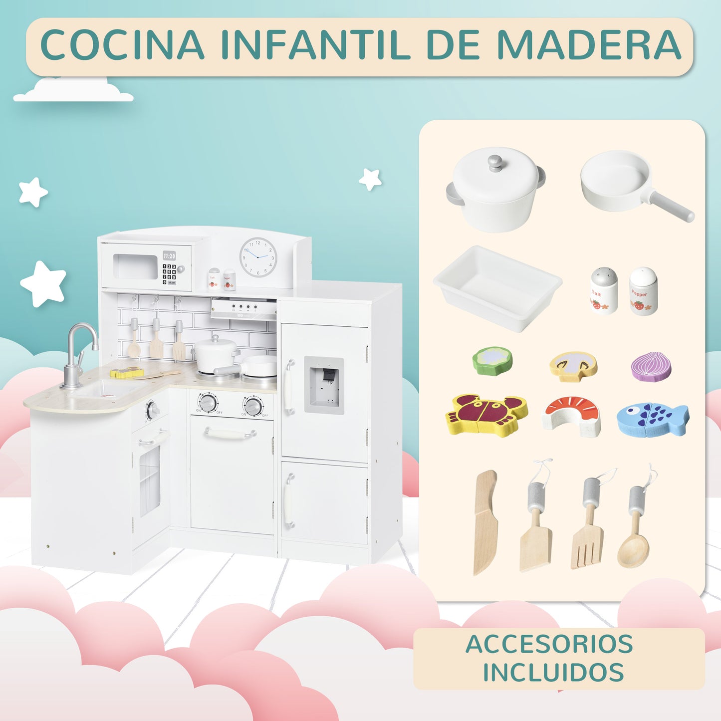 HOMCOM Cocina de Juguete de Madera para Niños de +3 Años con 14 Accesorios Separable Cocinita Infantil con Sonido Nevera Microondas Fregadero Campana 86x64x84,5 cm Blanco