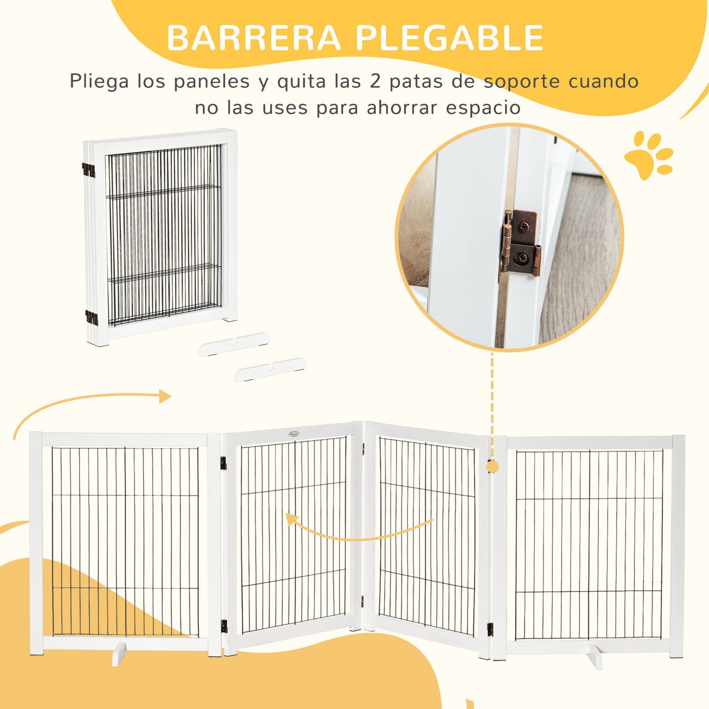 PawHut Barrera de Seguridad para Perros Plegable Barrera para Perros en Casa de 4 Paneles con Patas y Marco de Madera para Puertas Escaleras Pasillos 264x35,5x77 cm Blanco