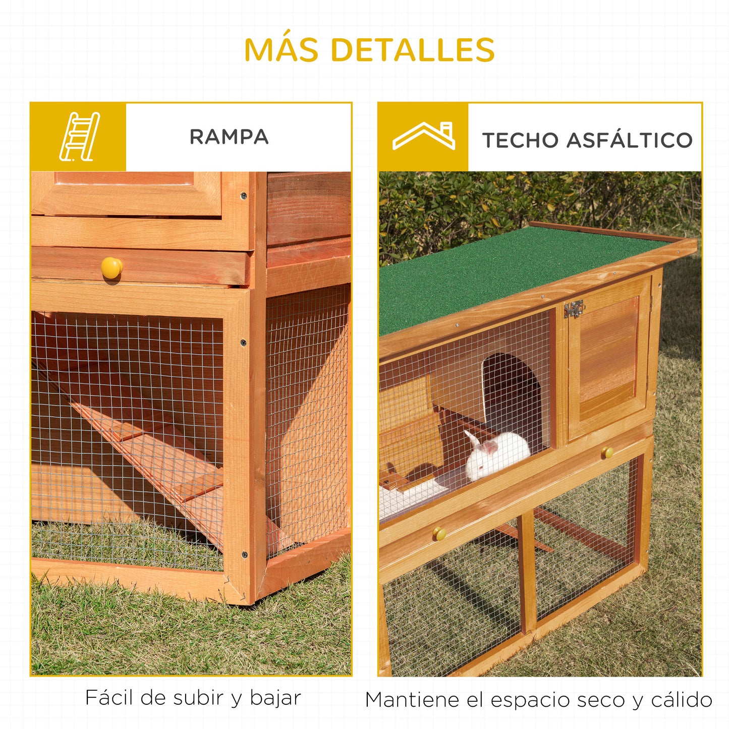 PawHut Conejera de Madera 90x45x80 cm Jaula para Conejos con Corral de Metal Techo Asfáltico Bandeja Extraíble y Rampa Natural