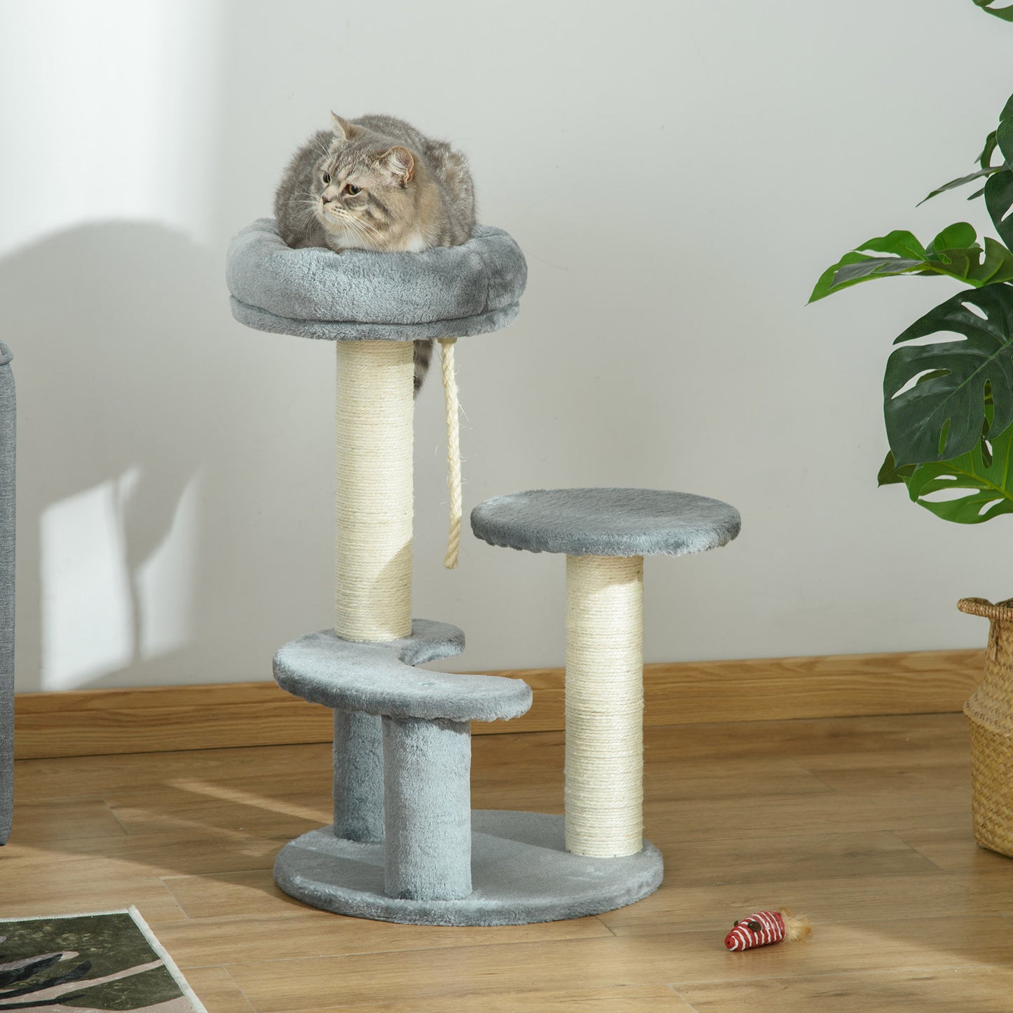 PawHut Árbol Rascador para Gato Ø40x65 cm Torre para Gatos con 3 Niveles Cuerda Colgante Plataformas en Felpa y Postes con Cuerda de Sisal Natural y Gris