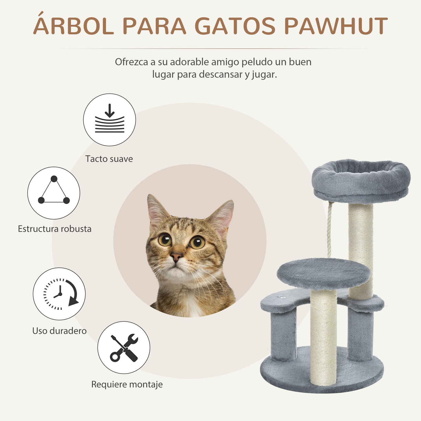 PawHut Árbol Rascador para Gato Ø40x65 cm Torre para Gatos con 3 Niveles Cuerda Colgante Plataformas en Felpa y Postes con Cuerda de Sisal Natural y Gris