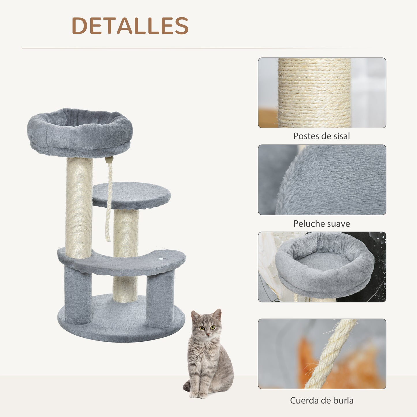 PawHut Árbol Rascador para Gato Ø40x65 cm Torre para Gatos con 3 Niveles Cuerda Colgante Plataformas en Felpa y Postes con Cuerda de Sisal Natural y Gris