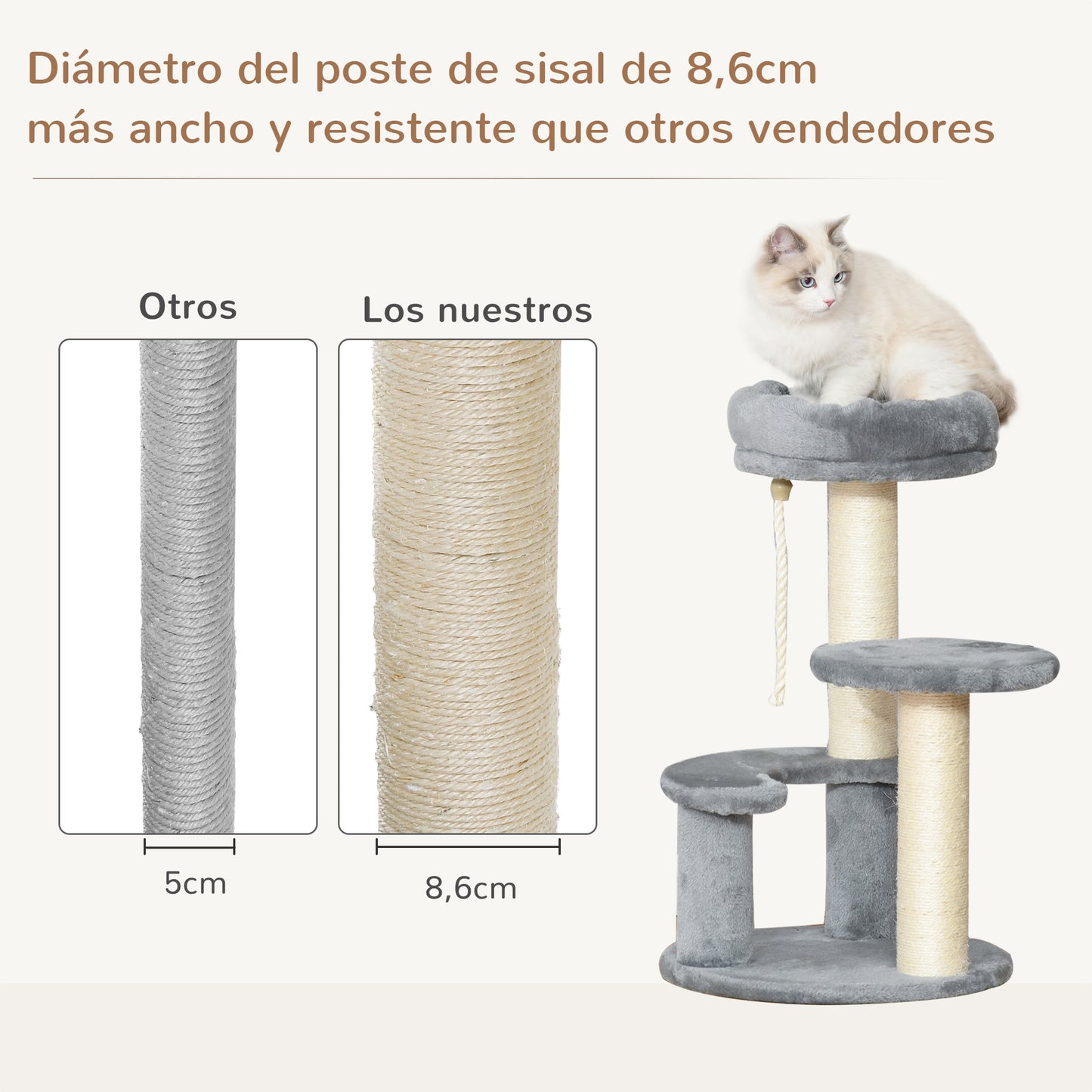 PawHut Árbol Rascador para Gato Ø40x65 cm Torre para Gatos con 3 Niveles Cuerda Colgante Plataformas en Felpa y Postes con Cuerda de Sisal Natural y Gris