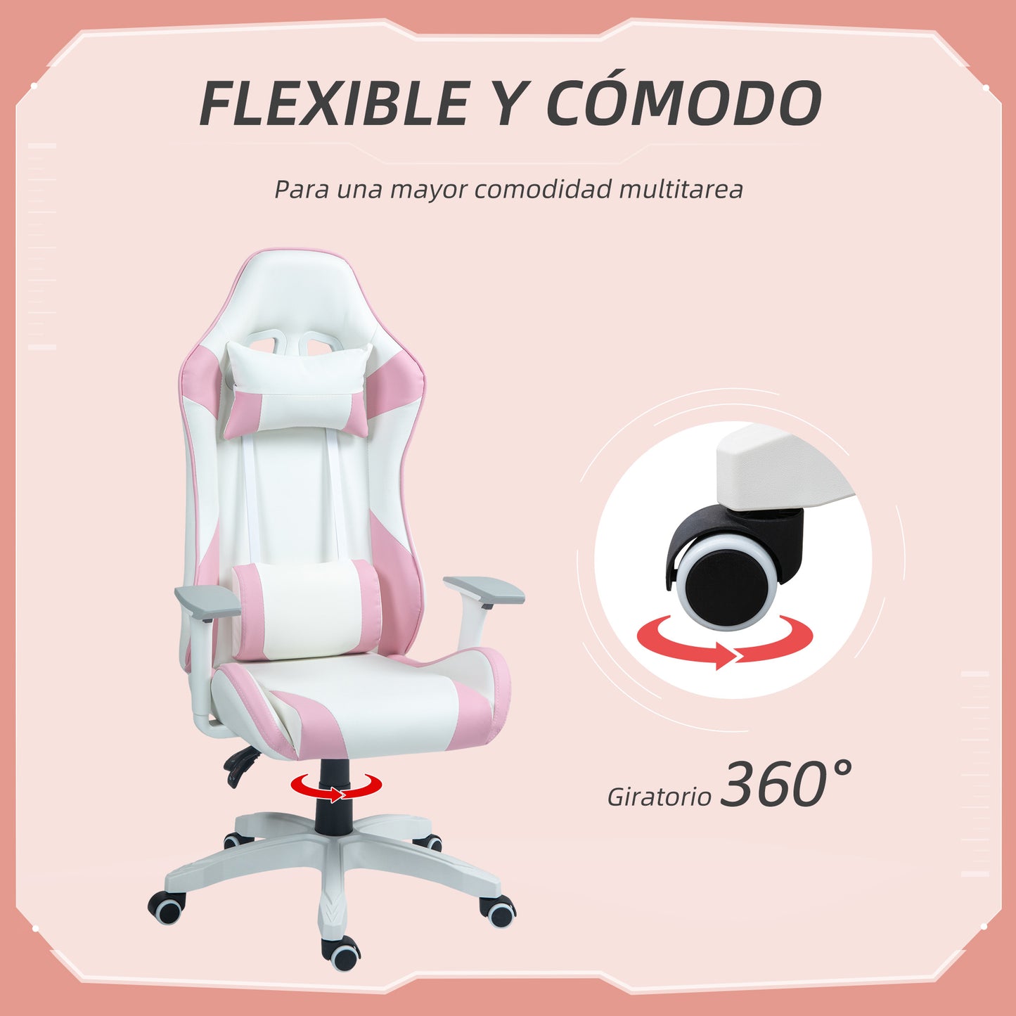 HOMCOM Silla Gaming Reclinable Silla Gamer Giratoria Silla de Oficina Basculante con Cojín Lumbar Reposabrazos 3D Reposacabezas Extraíble y Altura Ajustable 67x60x120-128 cm Blanco y Rosa