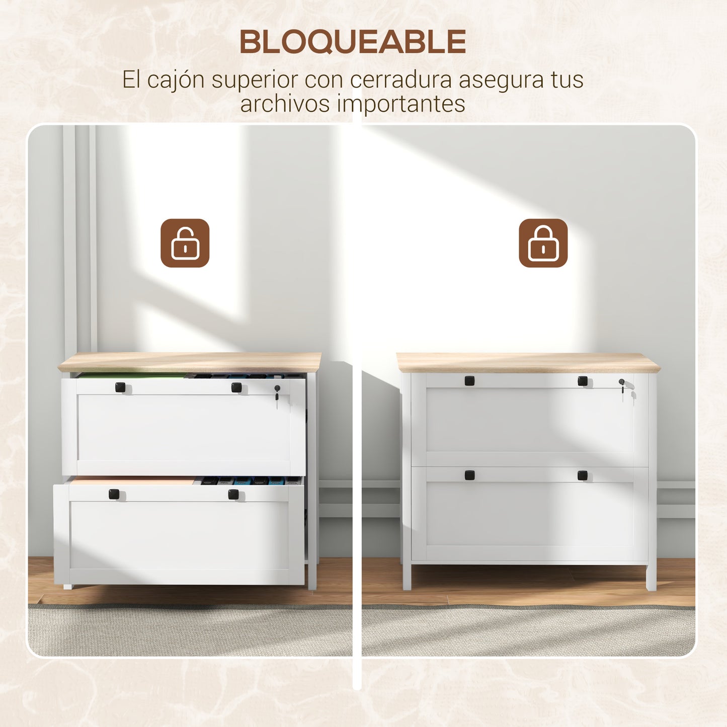 HOMCOM Cajonera de Oficina Mueble Archivador con 2 Cajones 2 Barras Colgantes Cerradura y 2 Llaves para Tamaño A4 para Estudio Salón 79x40x72 cm Blanco y Roble