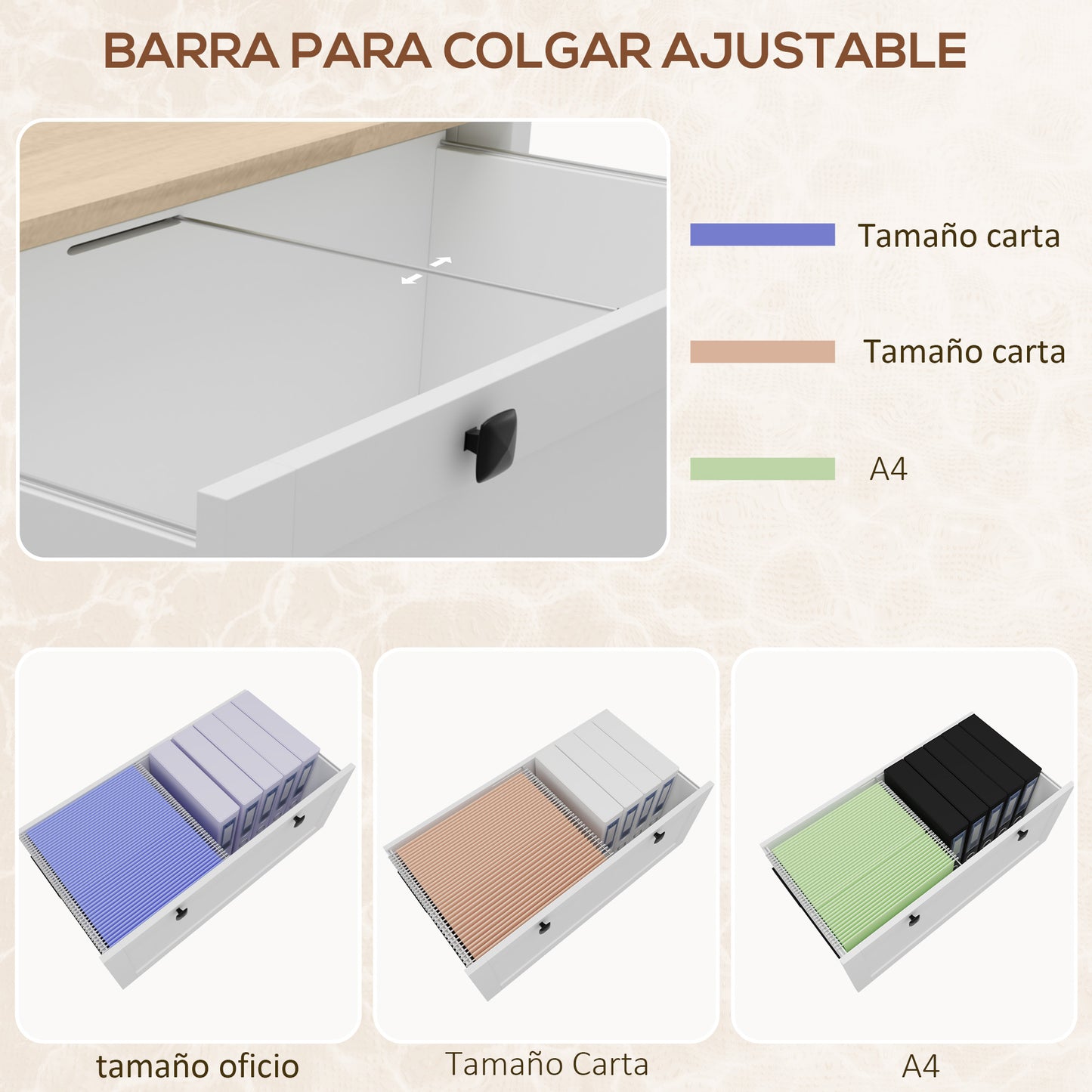 HOMCOM Cajonera de Oficina Mueble Archivador con 2 Cajones 2 Barras Colgantes Cerradura y 2 Llaves para Tamaño A4 para Estudio Salón 79x40x72 cm Blanco y Roble