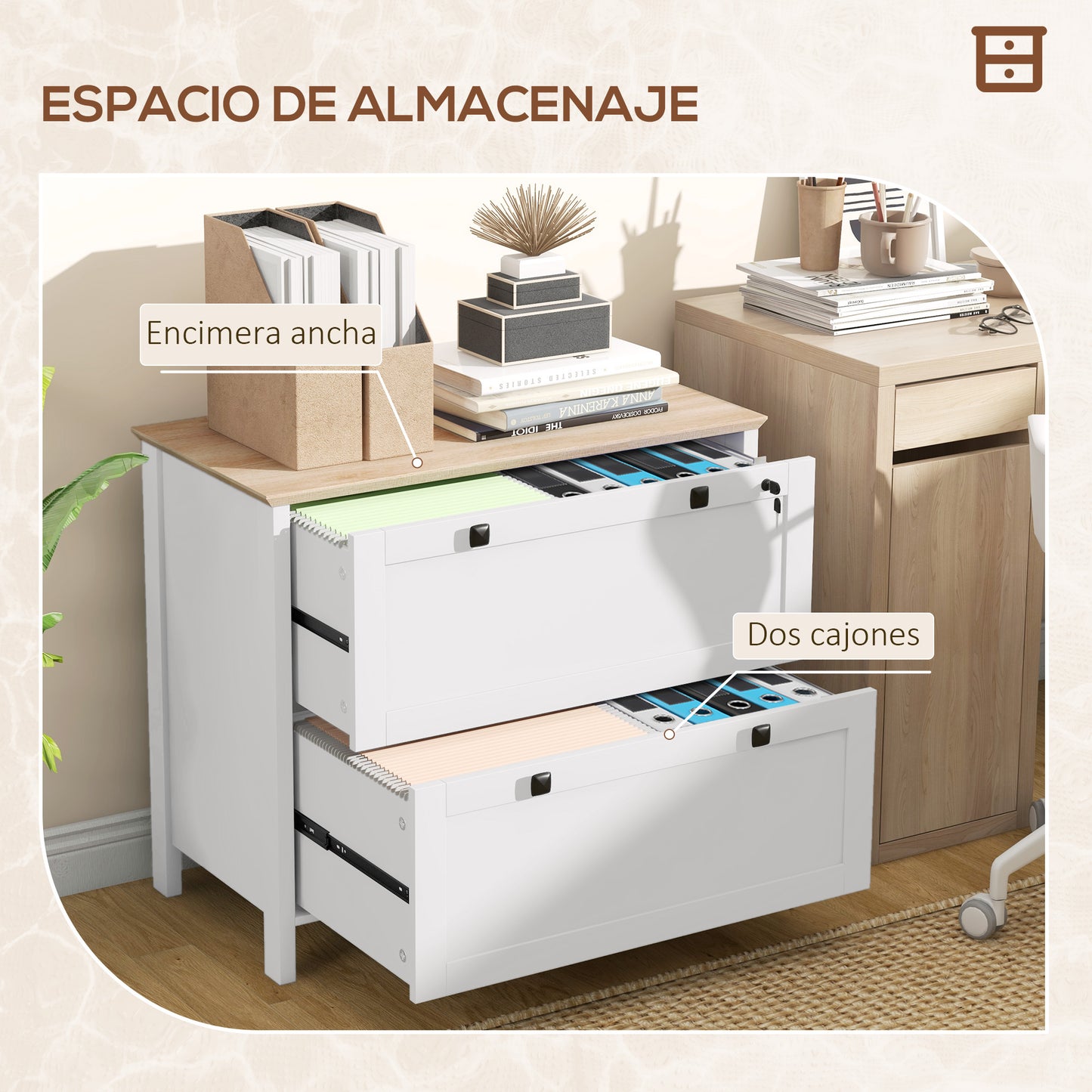 HOMCOM Cajonera de Oficina Mueble Archivador con 2 Cajones 2 Barras Colgantes Cerradura y 2 Llaves para Tamaño A4 para Estudio Salón 79x40x72 cm Blanco y Roble