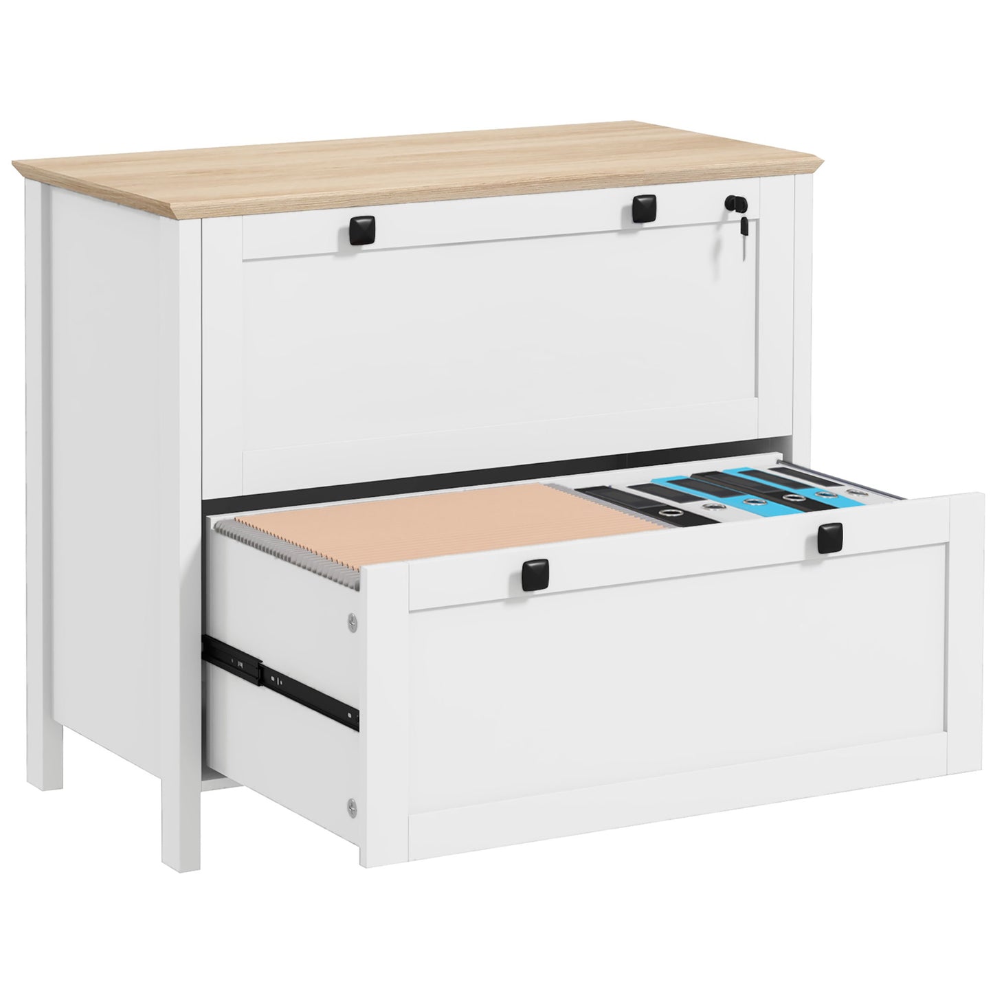 HOMCOM Cajonera de Oficina Mueble Archivador con 2 Cajones 2 Barras Colgantes Cerradura y 2 Llaves para Tamaño A4 para Estudio Salón 79x40x72 cm Blanco y Roble