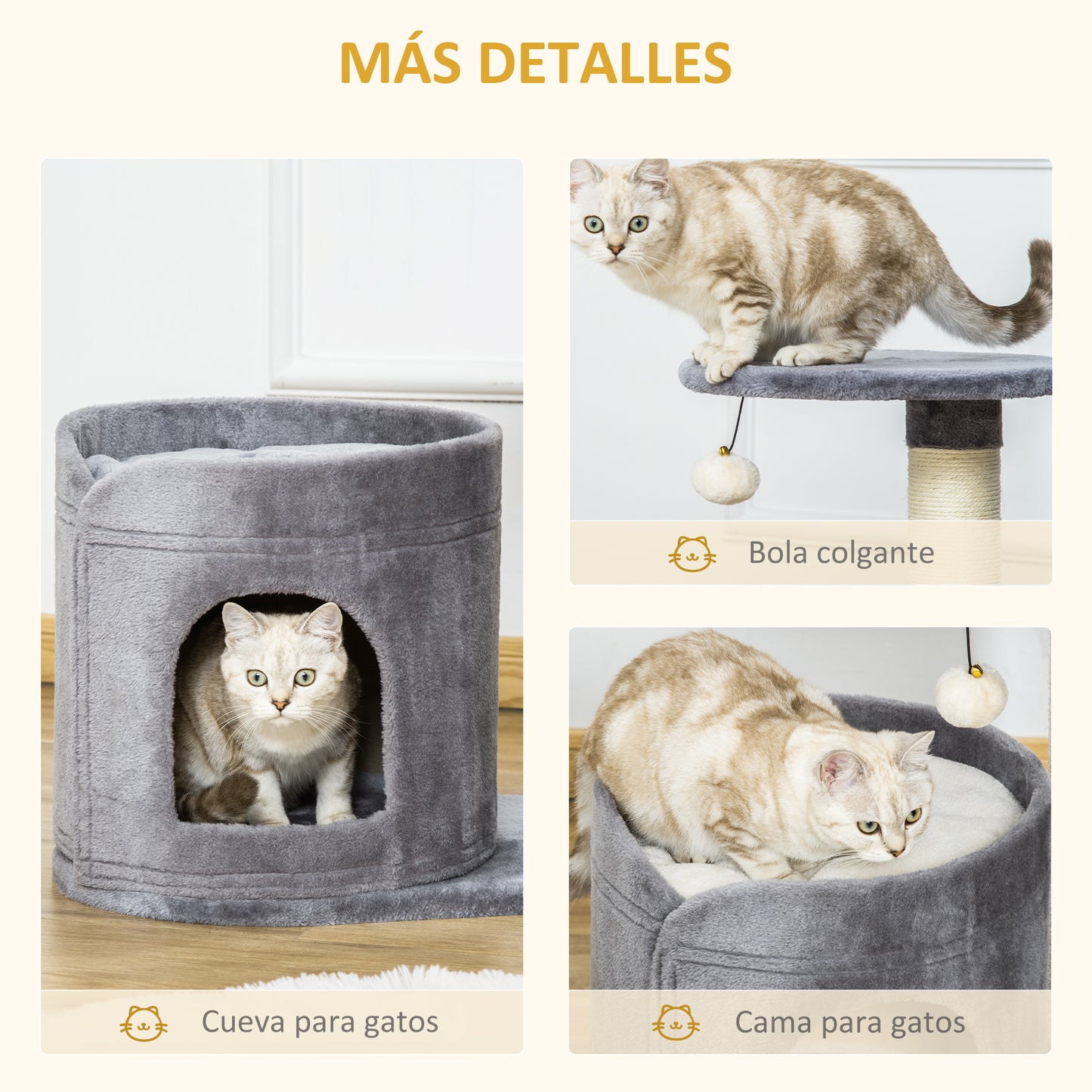 PawHut Árbol Rascador para Gatos Pequeño Altura 59 cm con Cueva de Felpa Suave con Cojín Lavable Plataforma Poste de Sisal Natural y Bola de Juguete 55x36x59 cm Gris