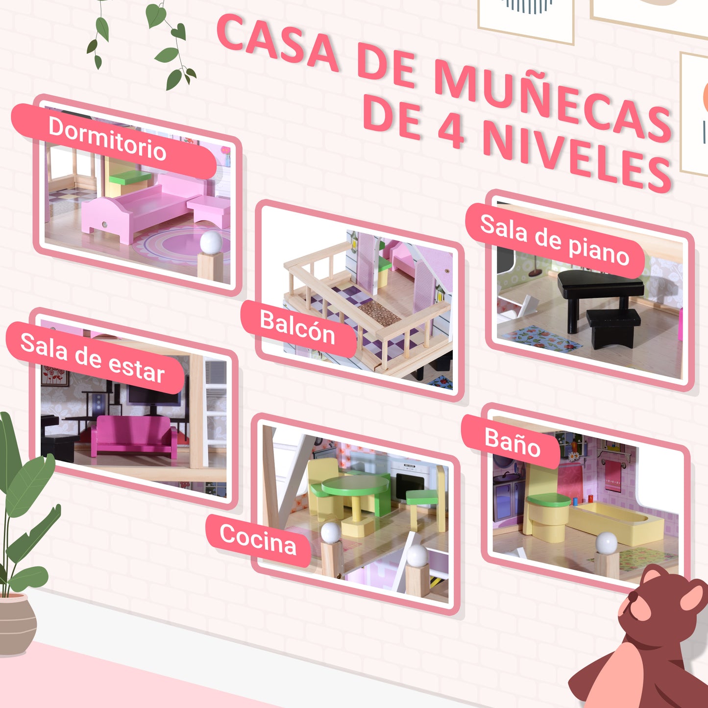 HOMCOM Casa de Muñecas de Madera con Muebles de 4 Niveles Altura 80,5 cm con 13 Accesorios Casita de Muñecas para Niñas Jueguete para Niños 60,5x30x80,5 cm Rosa