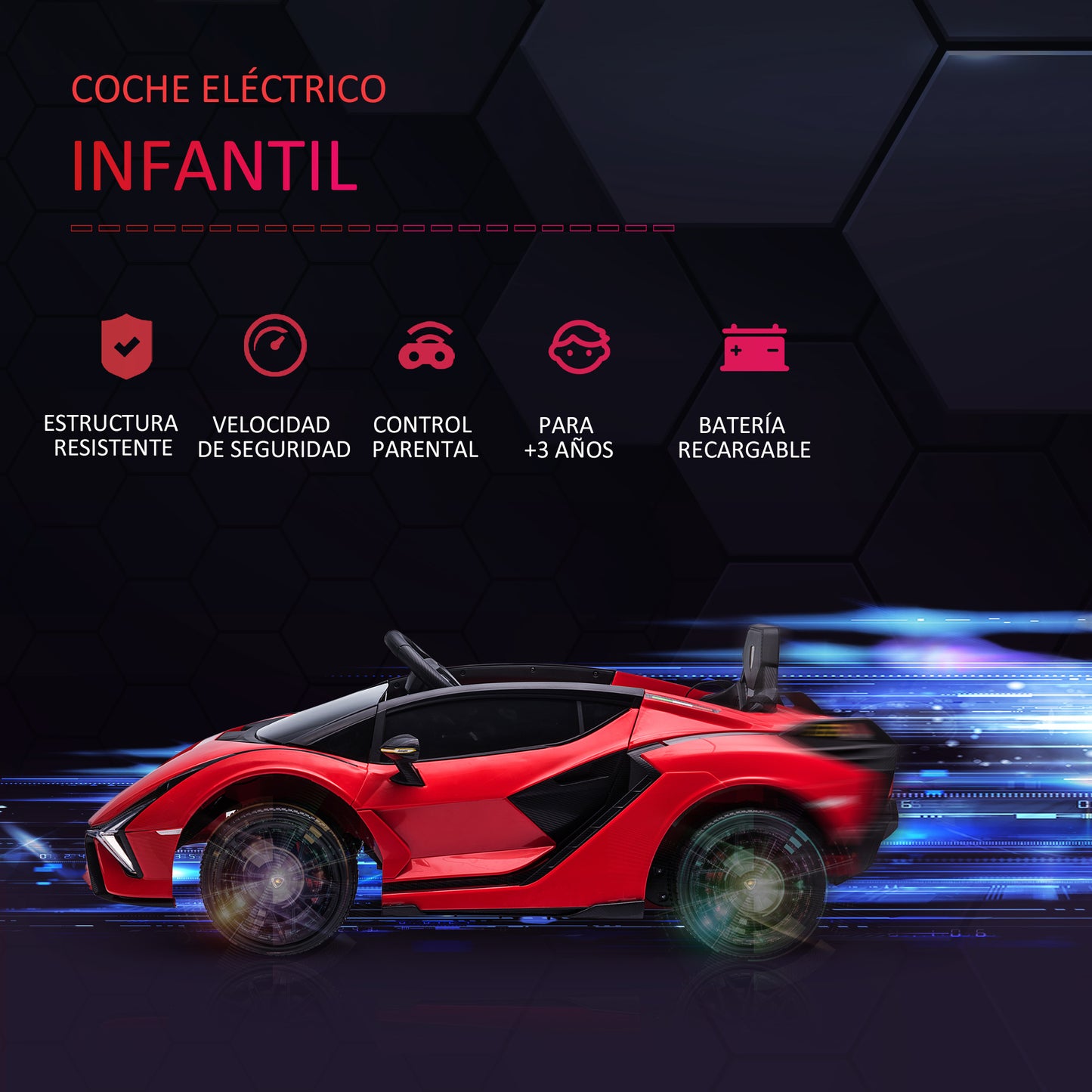 HOMCOM Coche Eléctrico Lamborghini SIAN 12V para Niños de +3 Años con Mando a Distancia Apertura de Puerta Música MP3 USB y Faros 3-5 km/h 108x62x40 cm Rojo