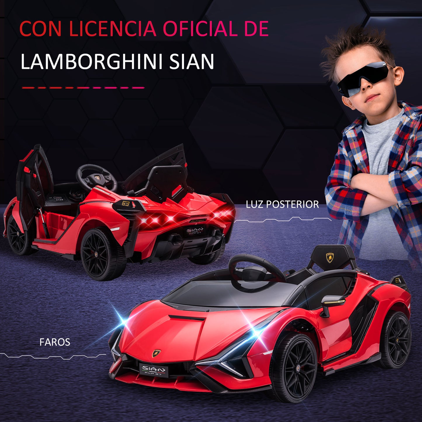 HOMCOM Coche Eléctrico Lamborghini SIAN 12V para Niños de +3 Años con Mando a Distancia Apertura de Puerta Música MP3 USB y Faros 3-5 km/h 108x62x40 cm Rojo