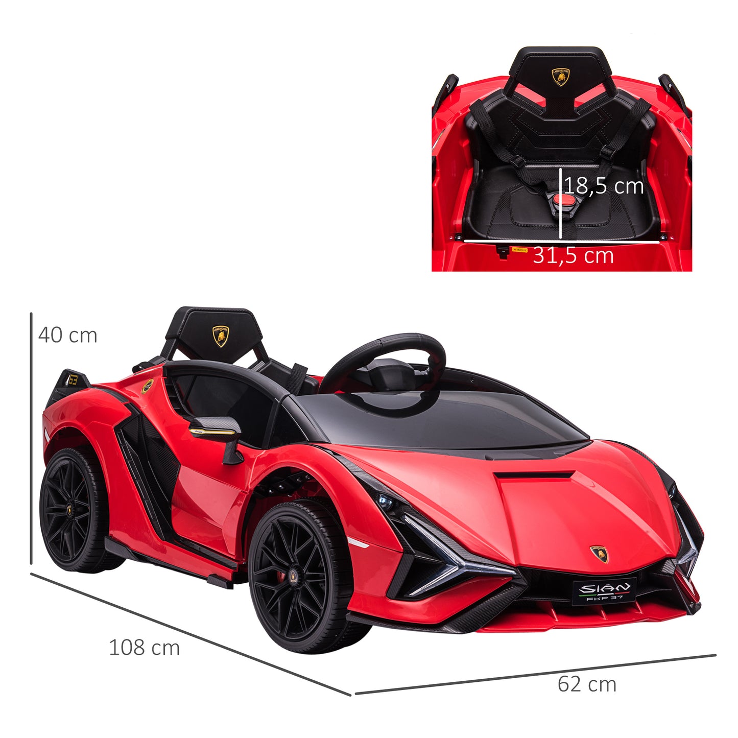 HOMCOM Coche Eléctrico Lamborghini SIAN 12V para Niños de +3 Años con Mando a Distancia Apertura de Puerta Música MP3 USB y Faros 3-5 km/h 108x62x40 cm Rojo