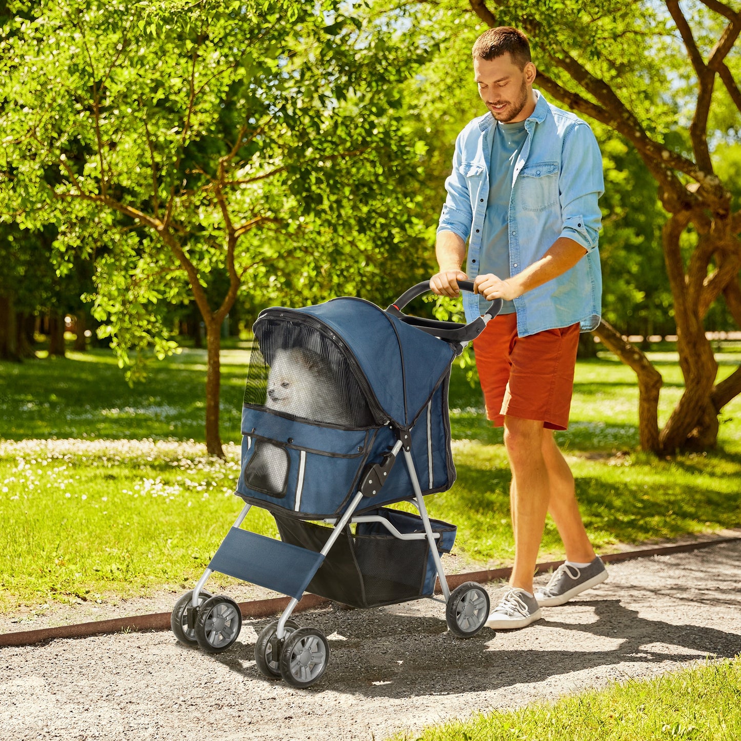 PawHut Carrito para Perros Plegable Cochecito para Mascotas Carrito para Perros Pequeños con Toldo Ajustable Cesta de Almacenaje Ventanas de Malla Portavasos y 2 Ruedas 75x45x97 cm Azul Oscuro