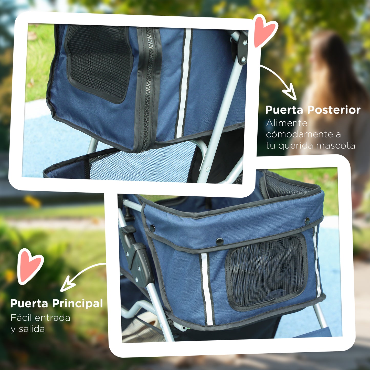 PawHut Carrito para Perros Plegable Cochecito para Mascotas Carrito para Perros Pequeños con Toldo Ajustable Cesta de Almacenaje Ventanas de Malla Portavasos y 2 Ruedas 75x45x97 cm Azul Oscuro