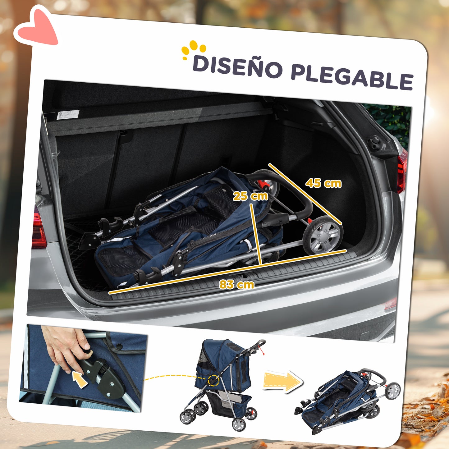 PawHut Carrito para Perros Plegable Cochecito para Mascotas Carrito para Perros Pequeños con Toldo Ajustable Cesta de Almacenaje Ventanas de Malla Portavasos y 2 Ruedas 75x45x97 cm Azul Oscuro