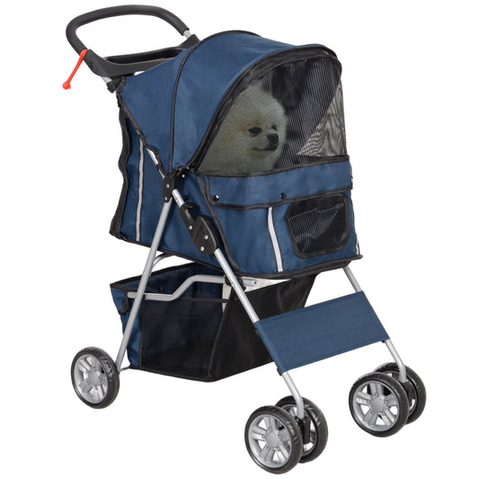 PawHut Carrito para Perros Plegable Cochecito para Mascotas Carrito para Perros Pequeños con Toldo Ajustable Cesta de Almacenaje Ventanas de Malla Portavasos y 2 Ruedas 75x45x97 cm Azul Oscuro