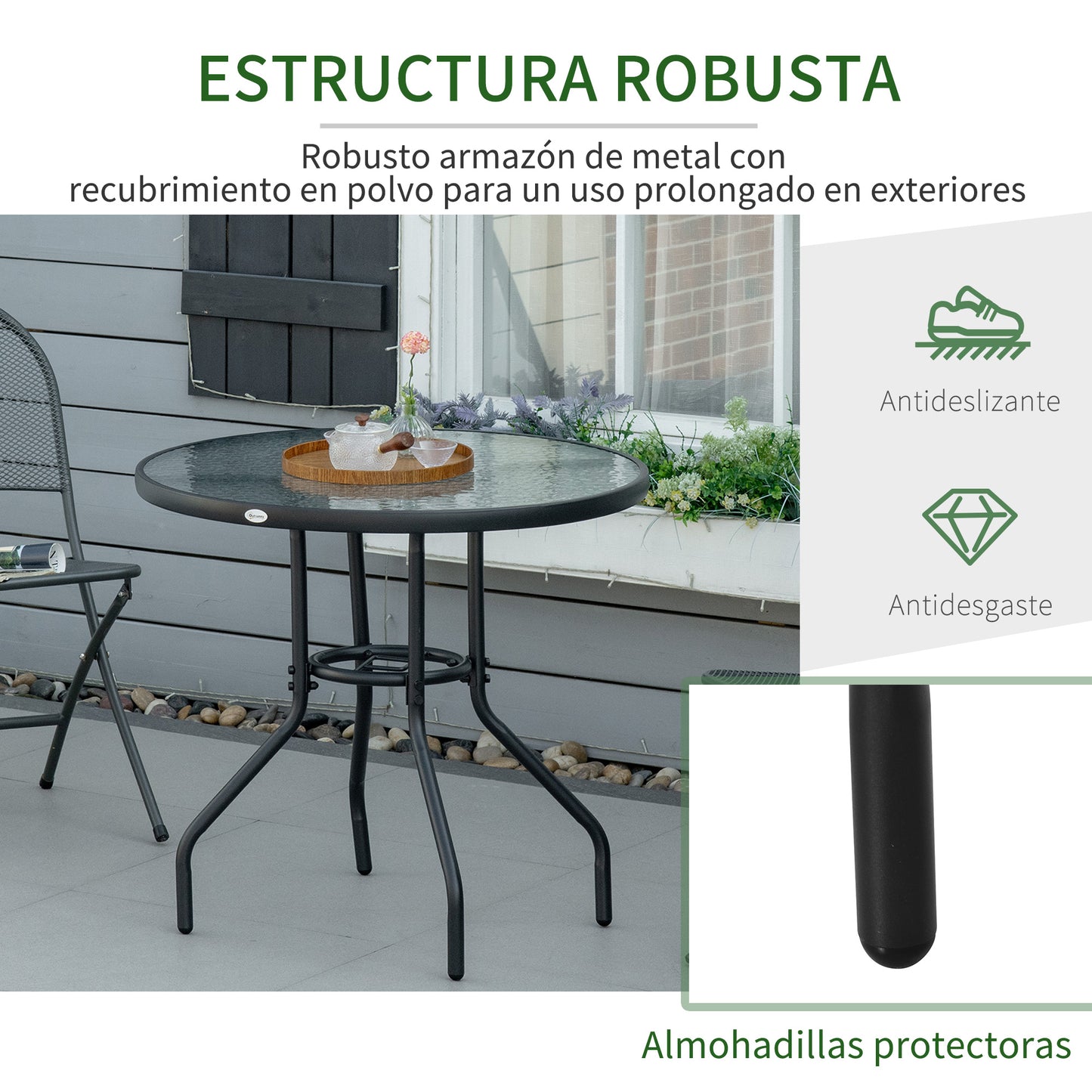 Outsunny Mesa de Jardín Redonda Mesa de Exterior Ø80x72 cm con Agujero para Sombrilla y Encimera de Vidrio Templado para Patio Terraza Negro