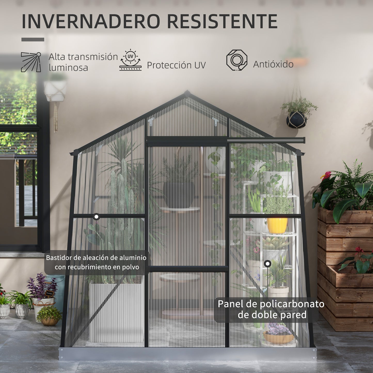 Outsunny Invernadero de Jardín Policarbonato 2x2,5x2 m Invernadero de Huerto Vivero Casero con Marco de Aleación de Aluminio Ventana Regulable en 5 Niveles y Base para Cultivo Transparente y Negro