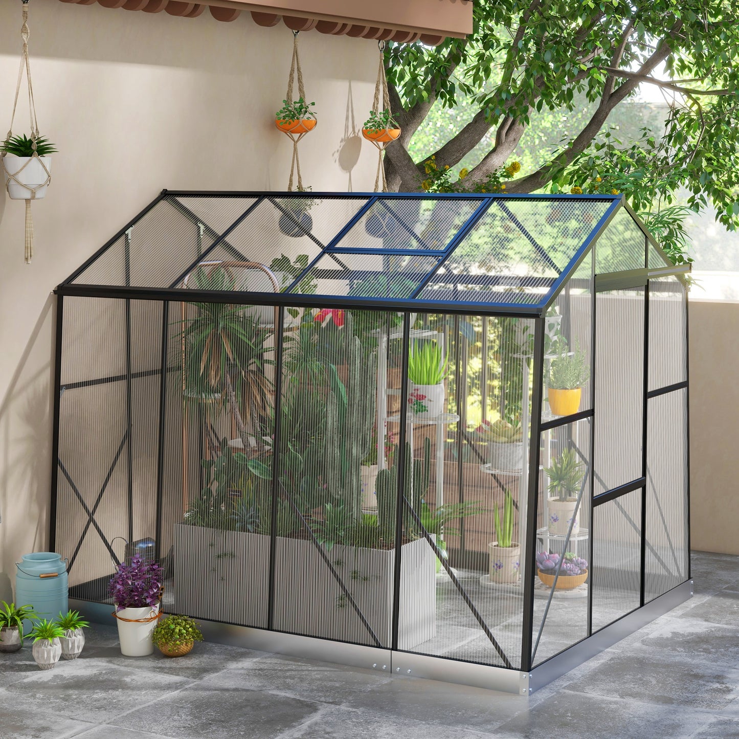 Outsunny Invernadero de Jardín Policarbonato 2x2,5x2 m Invernadero de Huerto Vivero Casero con Marco de Aleación de Aluminio Ventana Regulable en 5 Niveles y Base para Cultivo Transparente y Negro