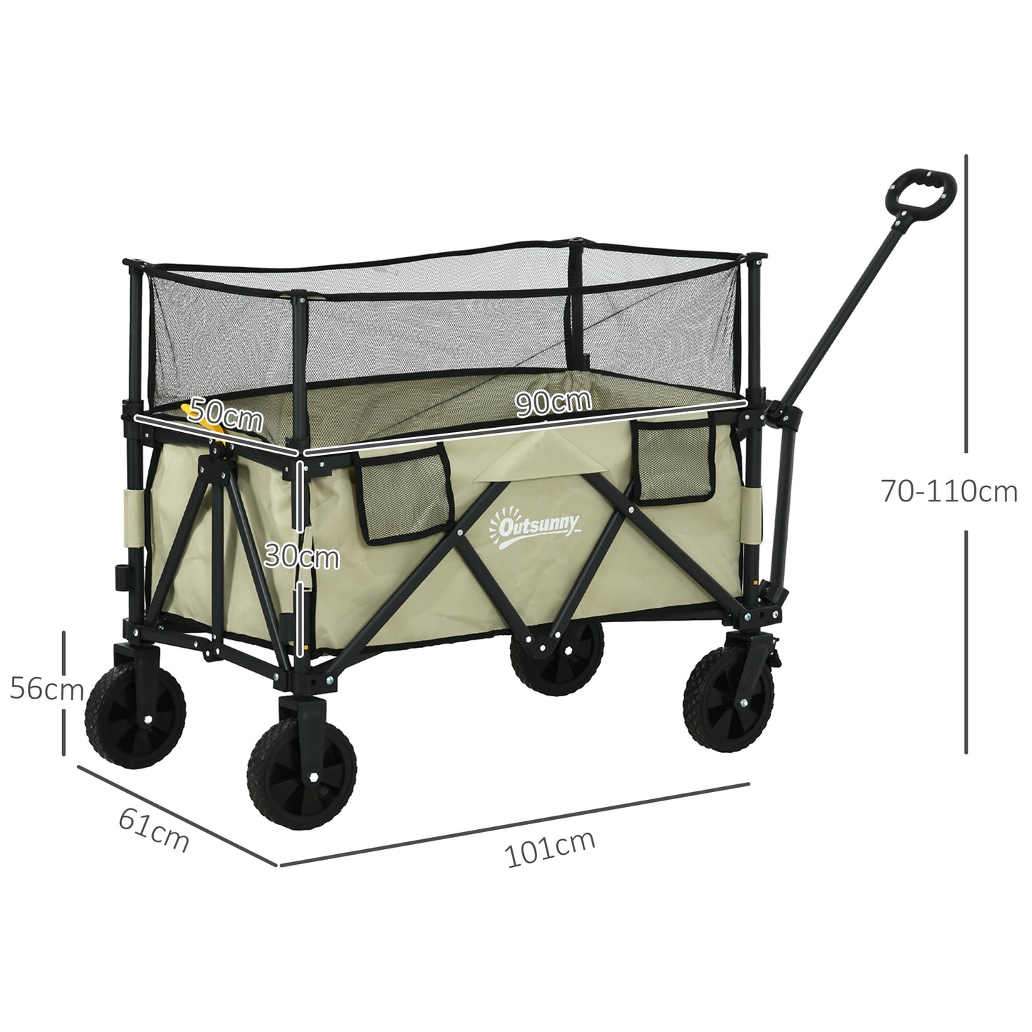 Outsunny Carro de Jardín 180 L Carro Plegable con Longitud y Ángulo del Mango Ajustables y Paredes Laterales Extensibles Carga 120 kg para Patio Playa Caqui