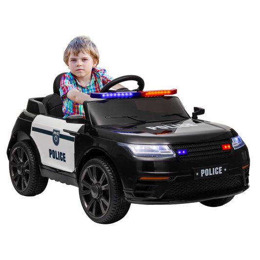 AIYAPLAY Coche Eléctrico para Niños de +3 Años Carro Eléctrico Infantil de Policía con Batería 12V Mando a Distancia Faros Bocina Sirena Música y Rueda de Entrenamiento Negro