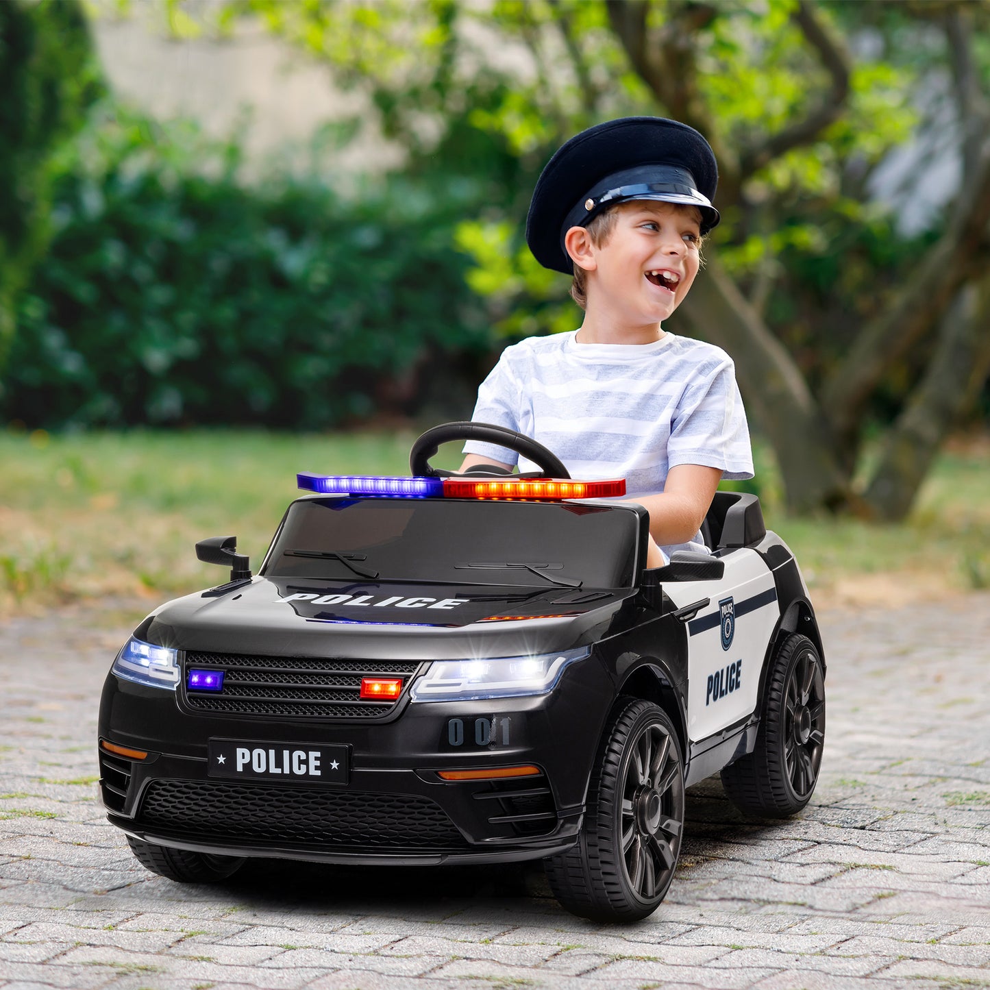 AIYAPLAY Coche Eléctrico para Niños de +3 Años Carro Eléctrico Infantil de Policía con Batería 12V Mando a Distancia Faros Bocina Sirena Música y Rueda de Entrenamiento Negro